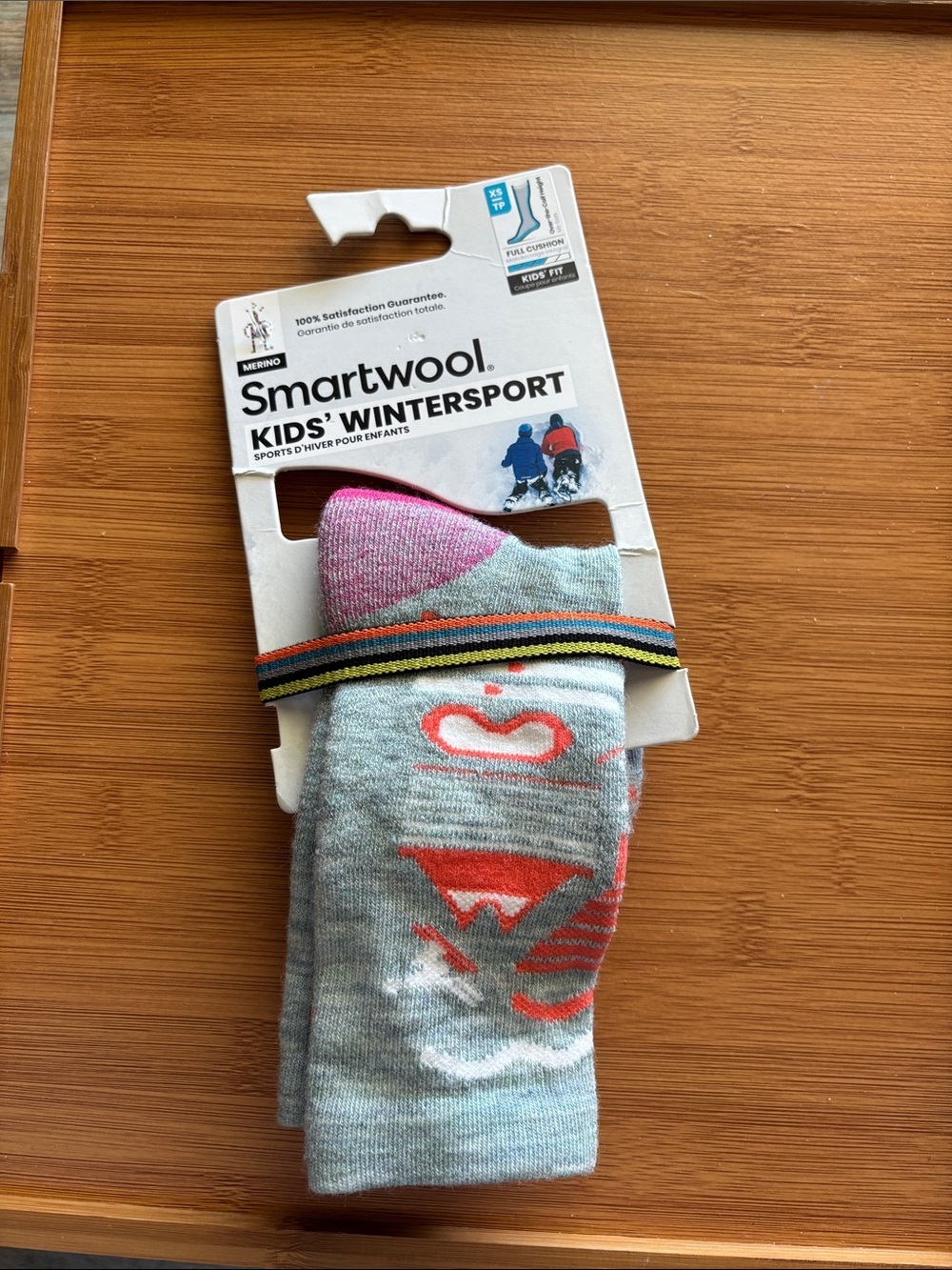 Smartwool Kids Wintersport Crew Socks in Light Gray with Pink & Coral Accents